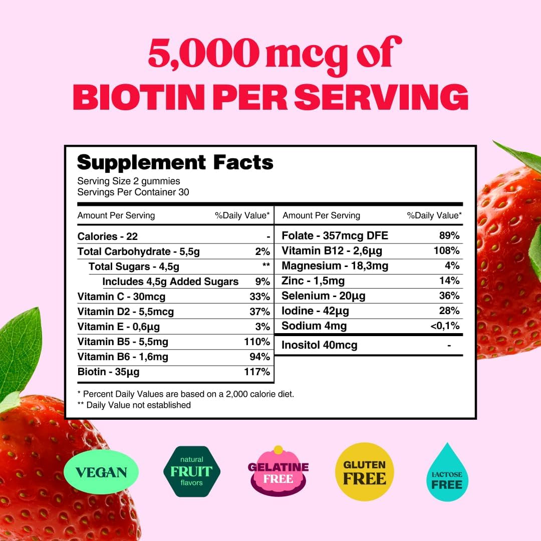 Hair Gummies for Faster Hair Growth Vitamins for Women & 5000 MCG Non-Gmo Vegan Biotin Gummies - Hair Skin and Nails Gummie - Hair Growth & Hair Skin and Nails Vitamins (2Pack)
